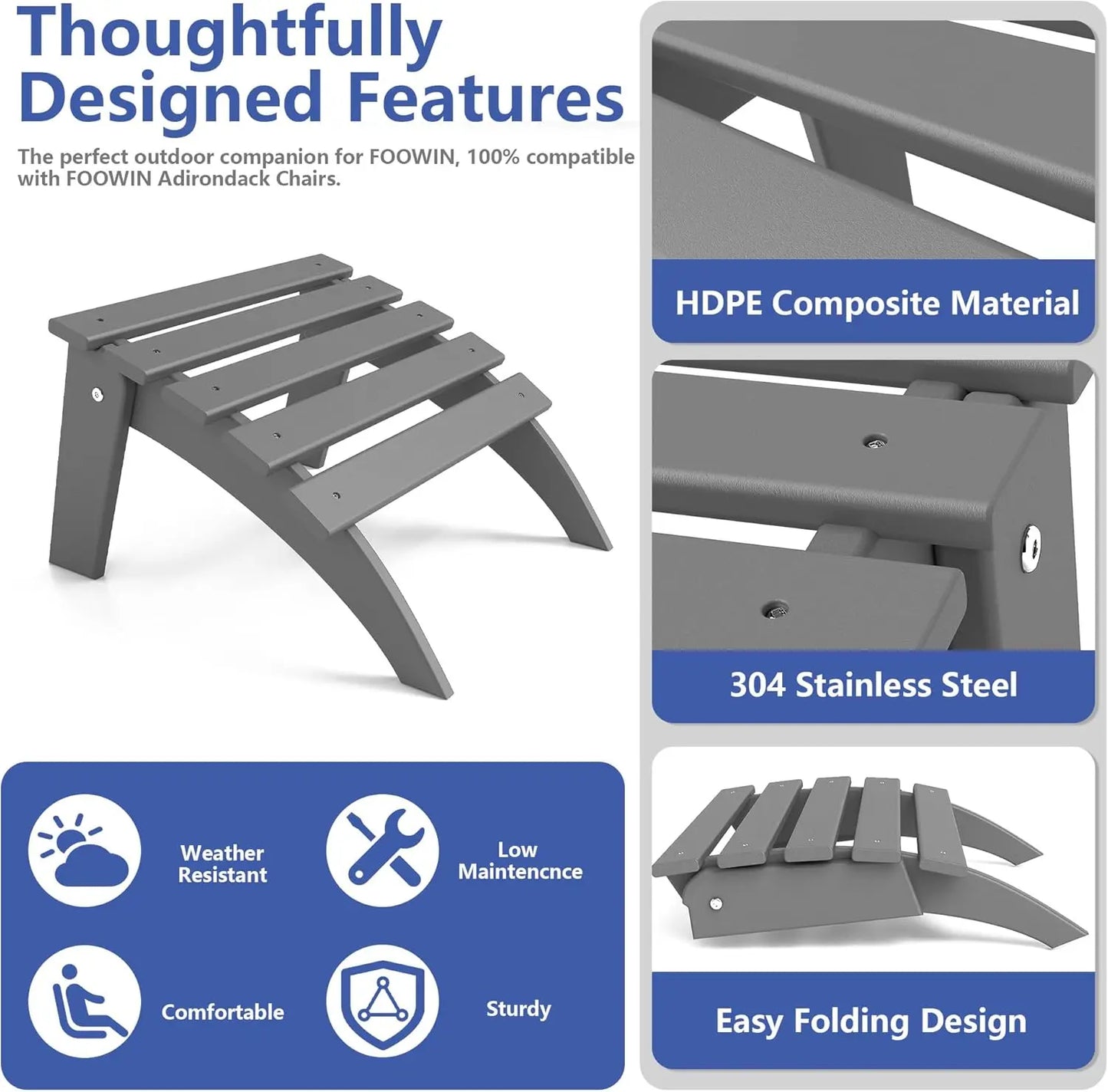 All-Weather Folding Adirondack chair Ottoman Foowin