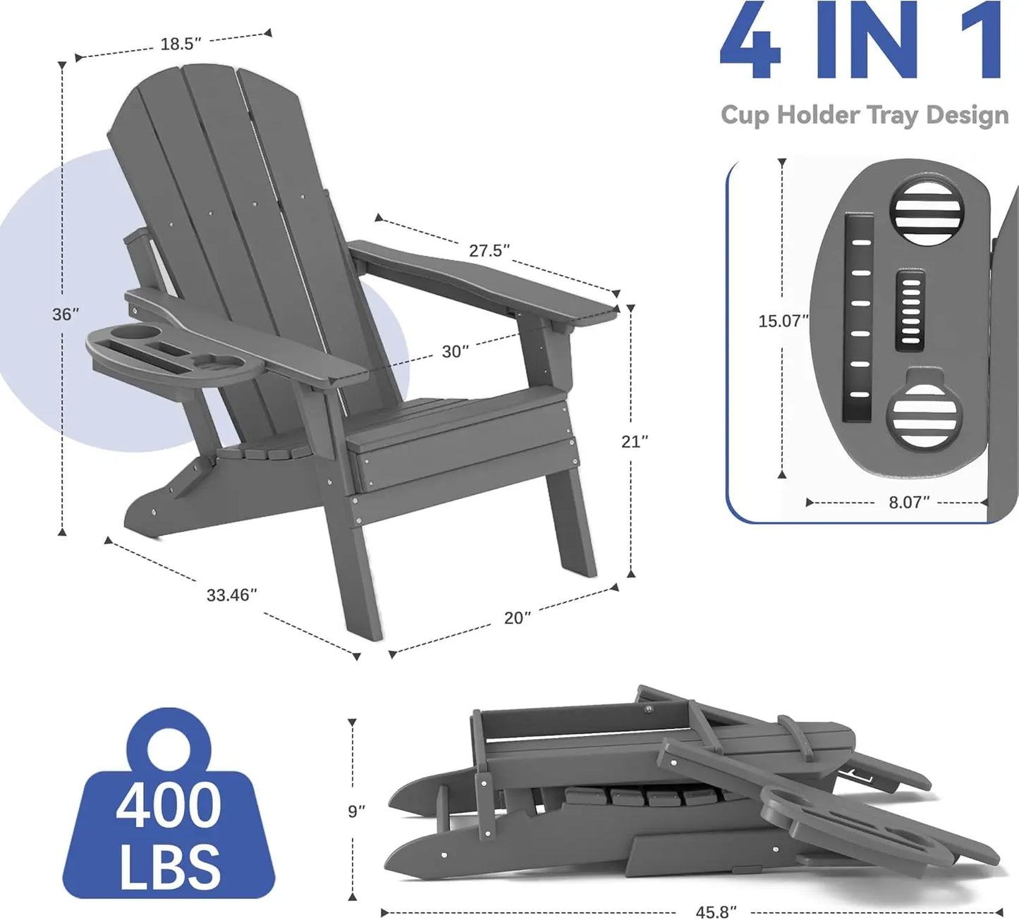 Relax Folding Adjustable Adirondack chair with cup holder Foowin