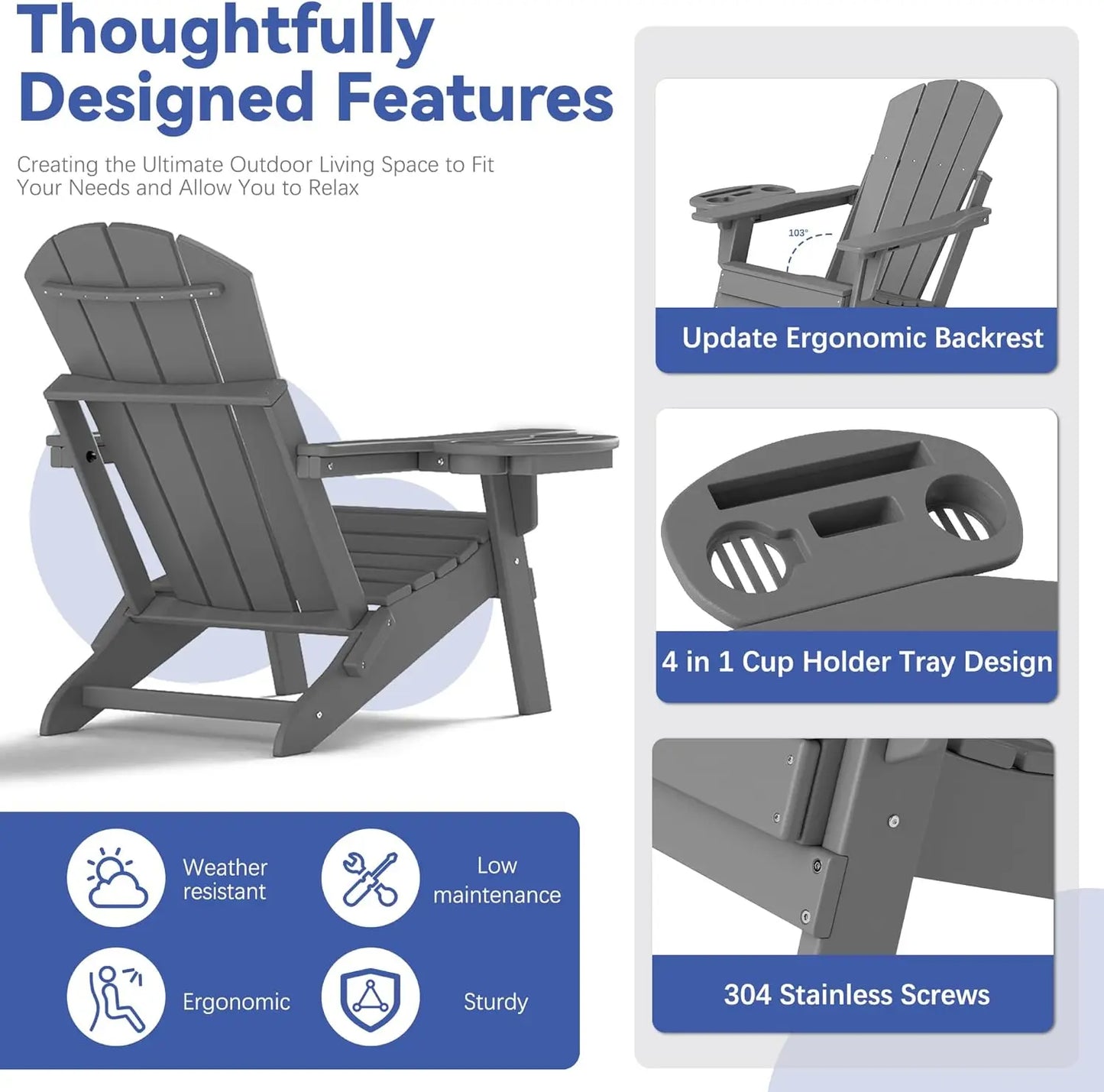 Relax Folding Adjustable Adirondack chair with cup holder Foowin