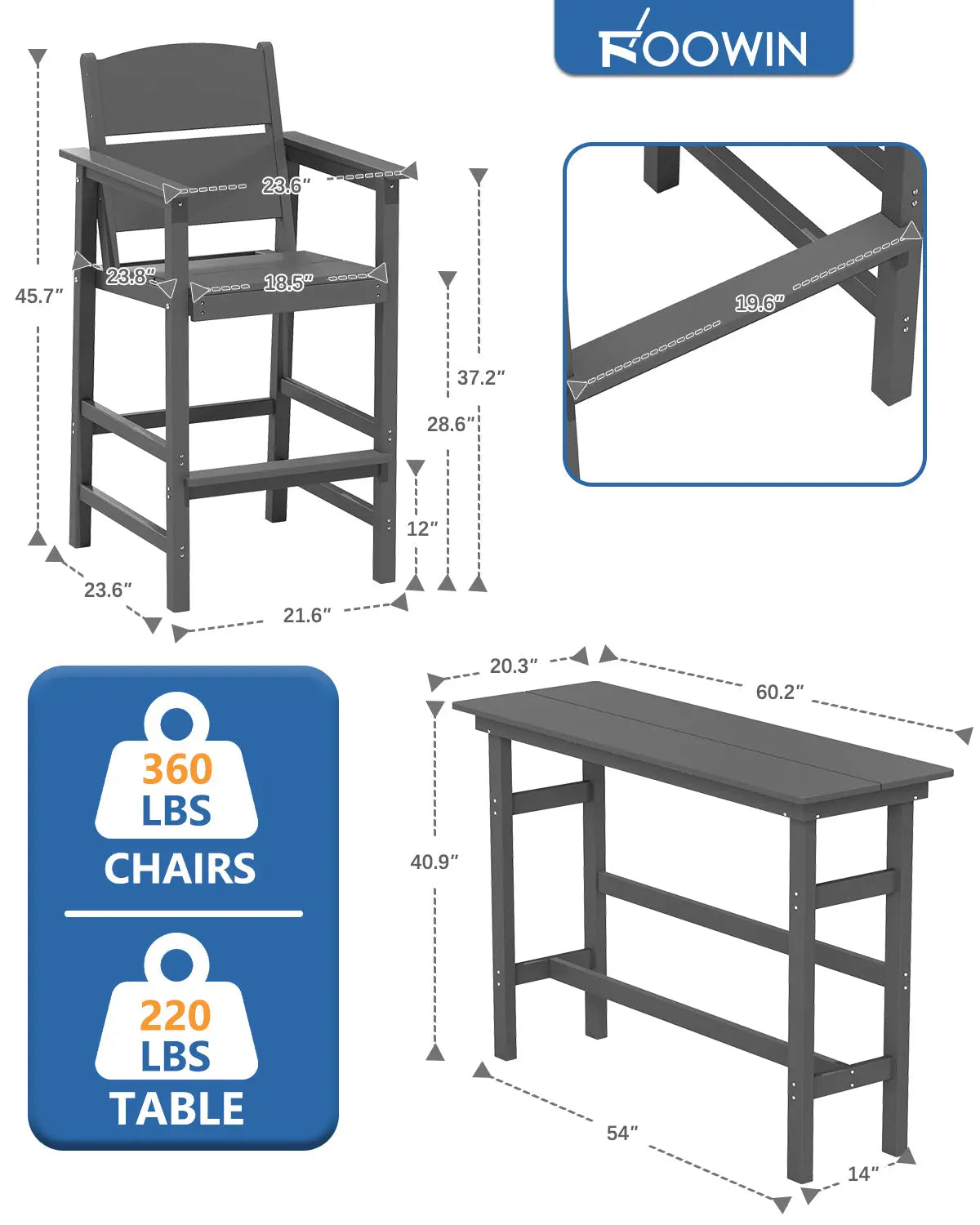 Square Patio Bar Stool HDPE Bar Armchair Set Foowin