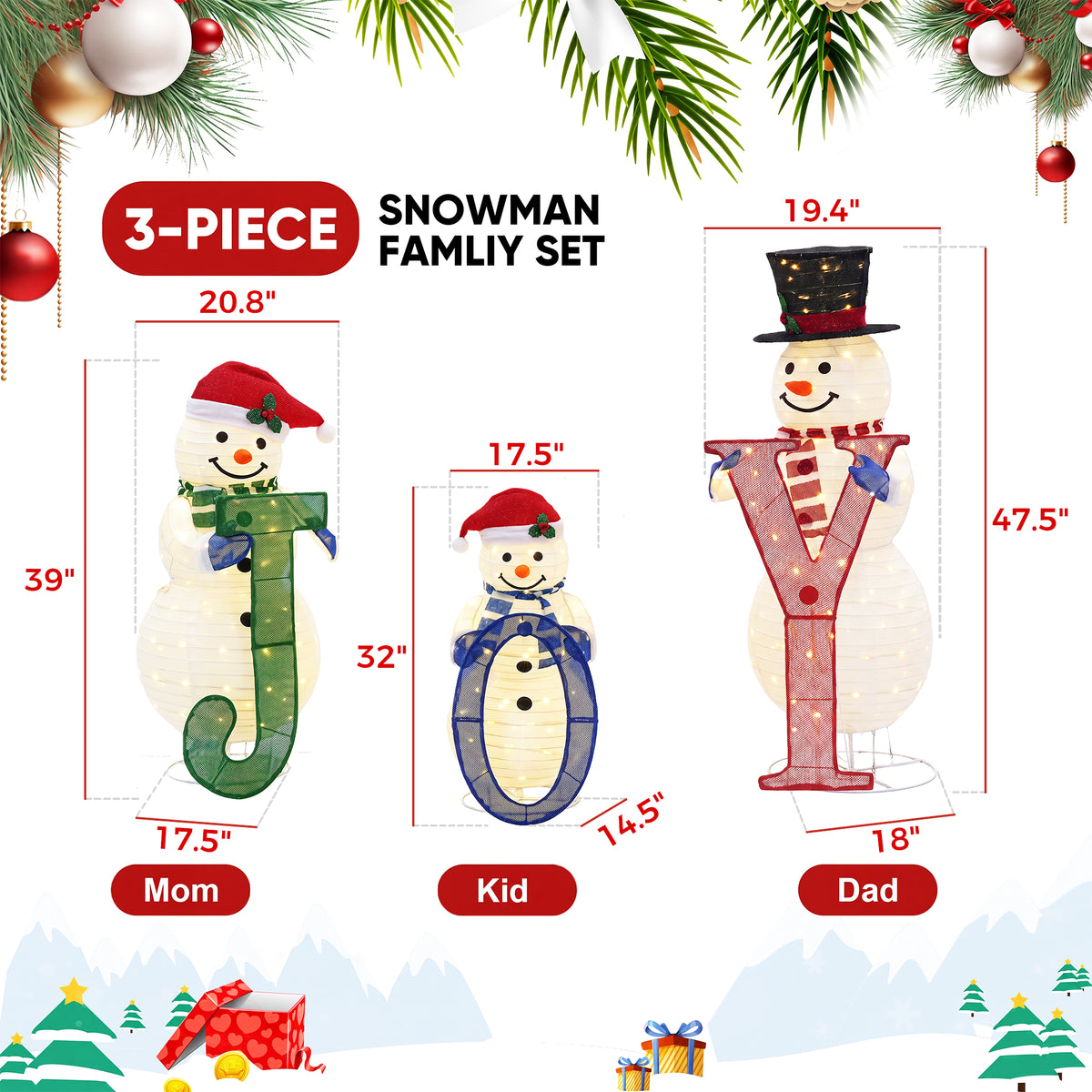 3Pcs 3D Lighted Pop-Up Snowman Family Set