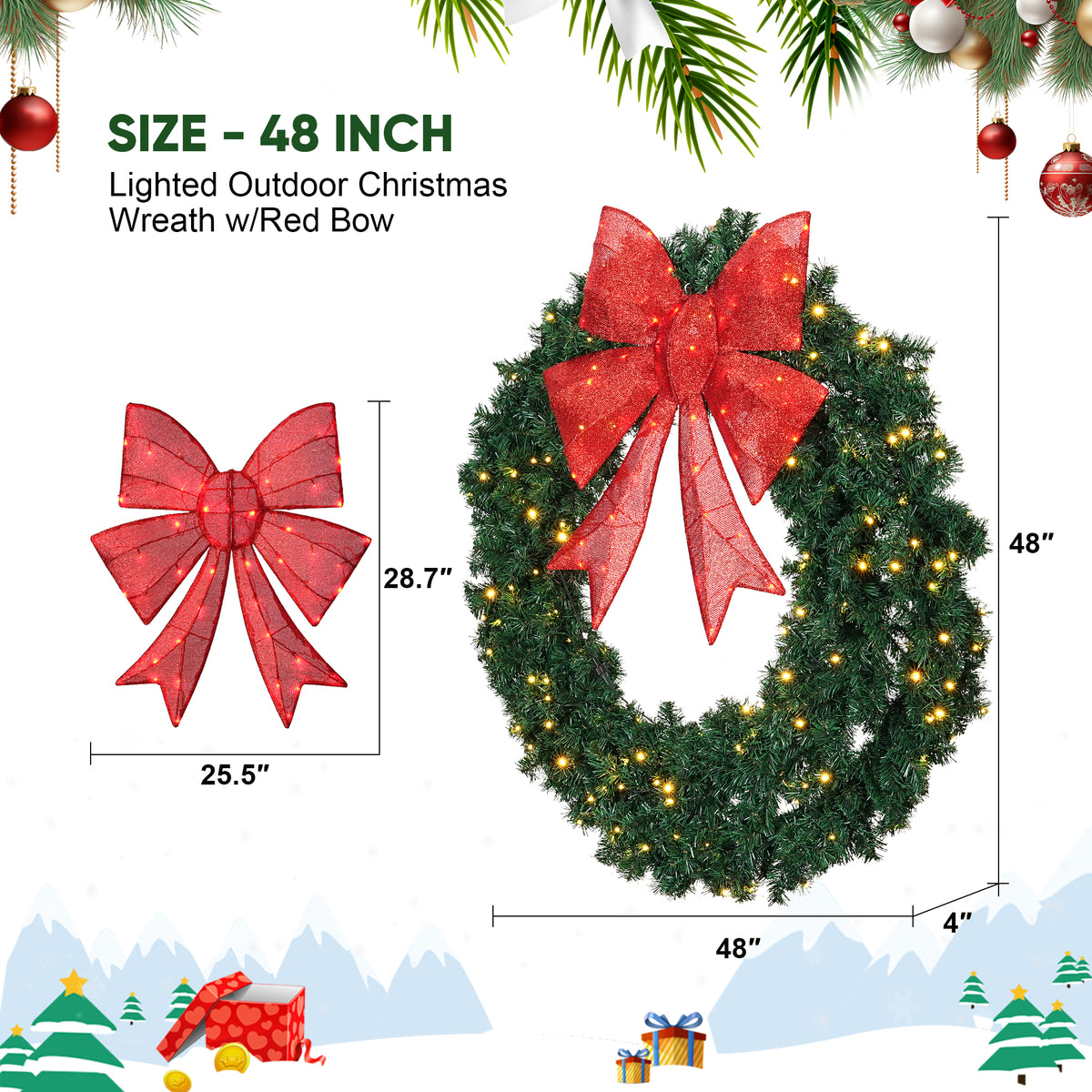 FOOWIN 48" Outdoor Christmas Wreath PVC with LED Lights