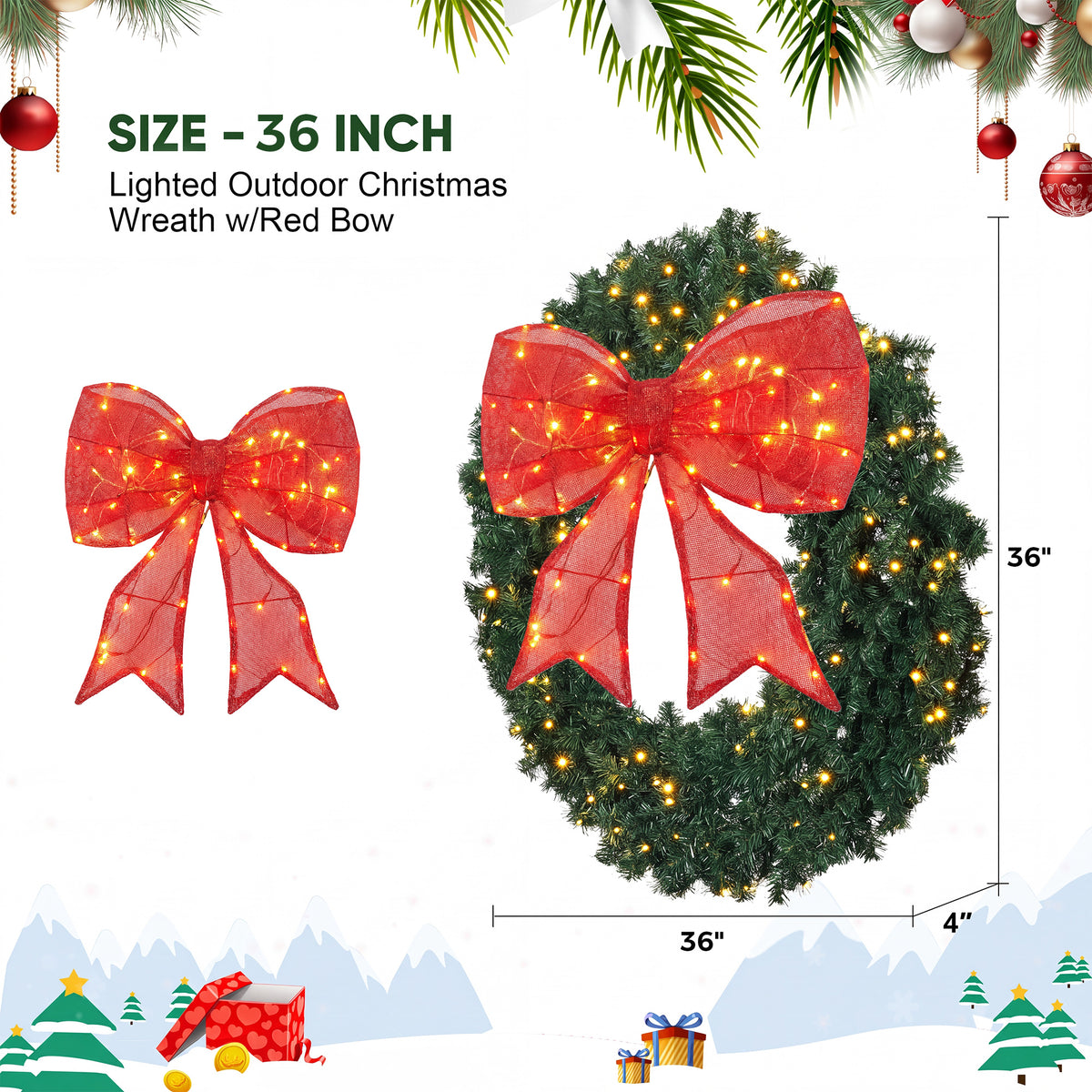 36" Outdoor Christmas Wreath PVC with LED Lights