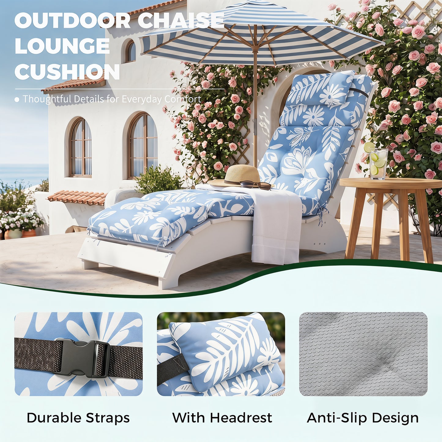 Waterproof 4-Section Chaise Lounge Cushion with Headrest