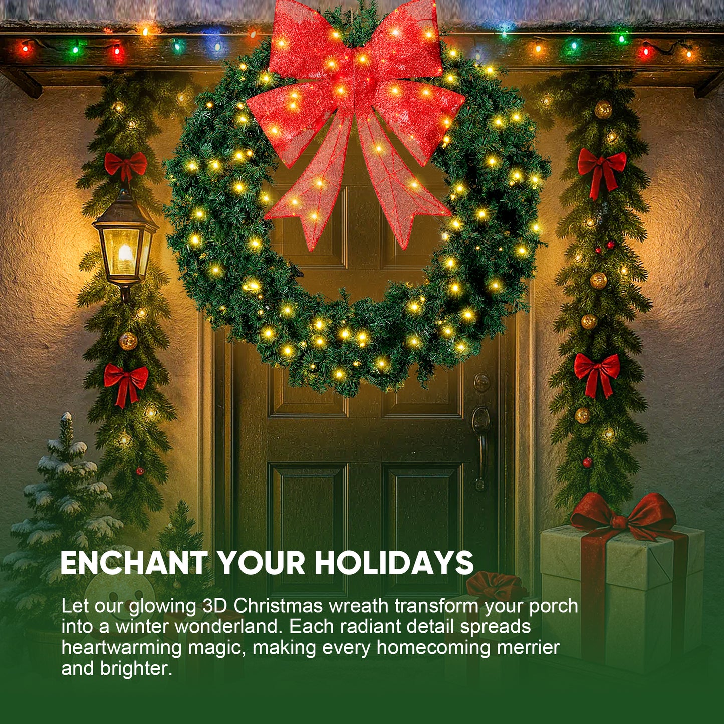FOOWIN 48" Outdoor Christmas Wreath PVC with LED Lights