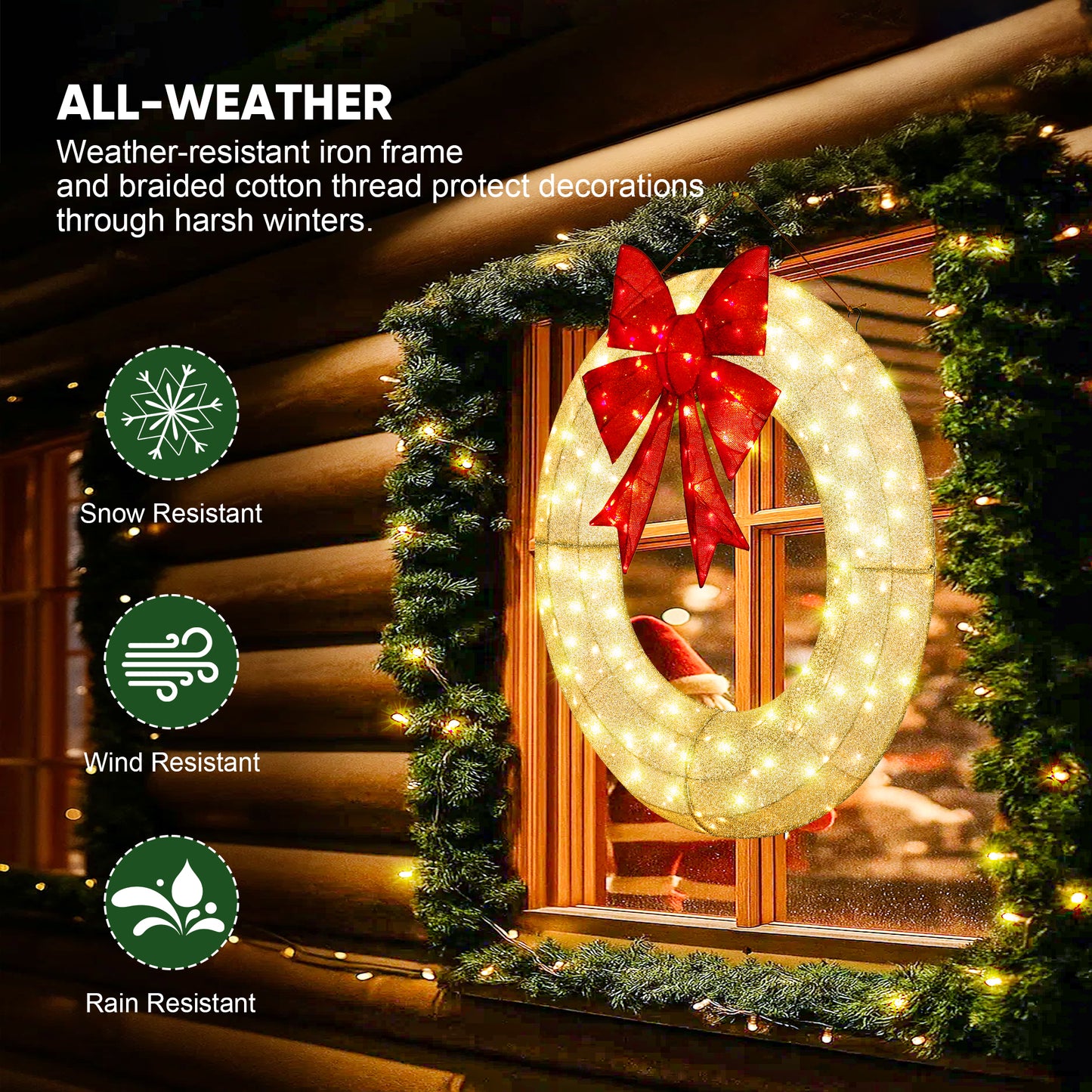 FOOWIN 48" Outdoor Christmas Wreath PVC with LED Lights
