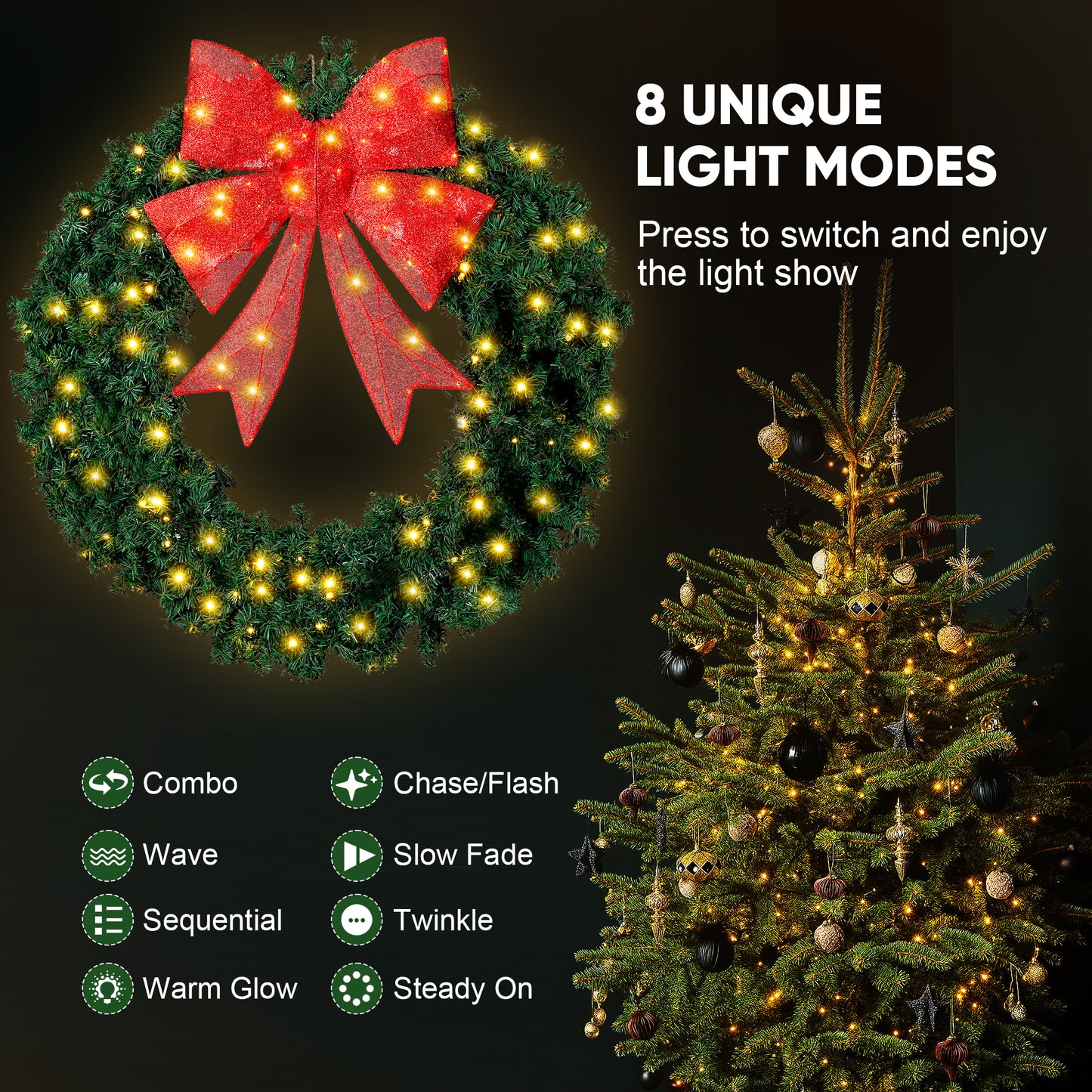 FOOWIN 48" Outdoor Christmas Wreath PVC with LED Lights