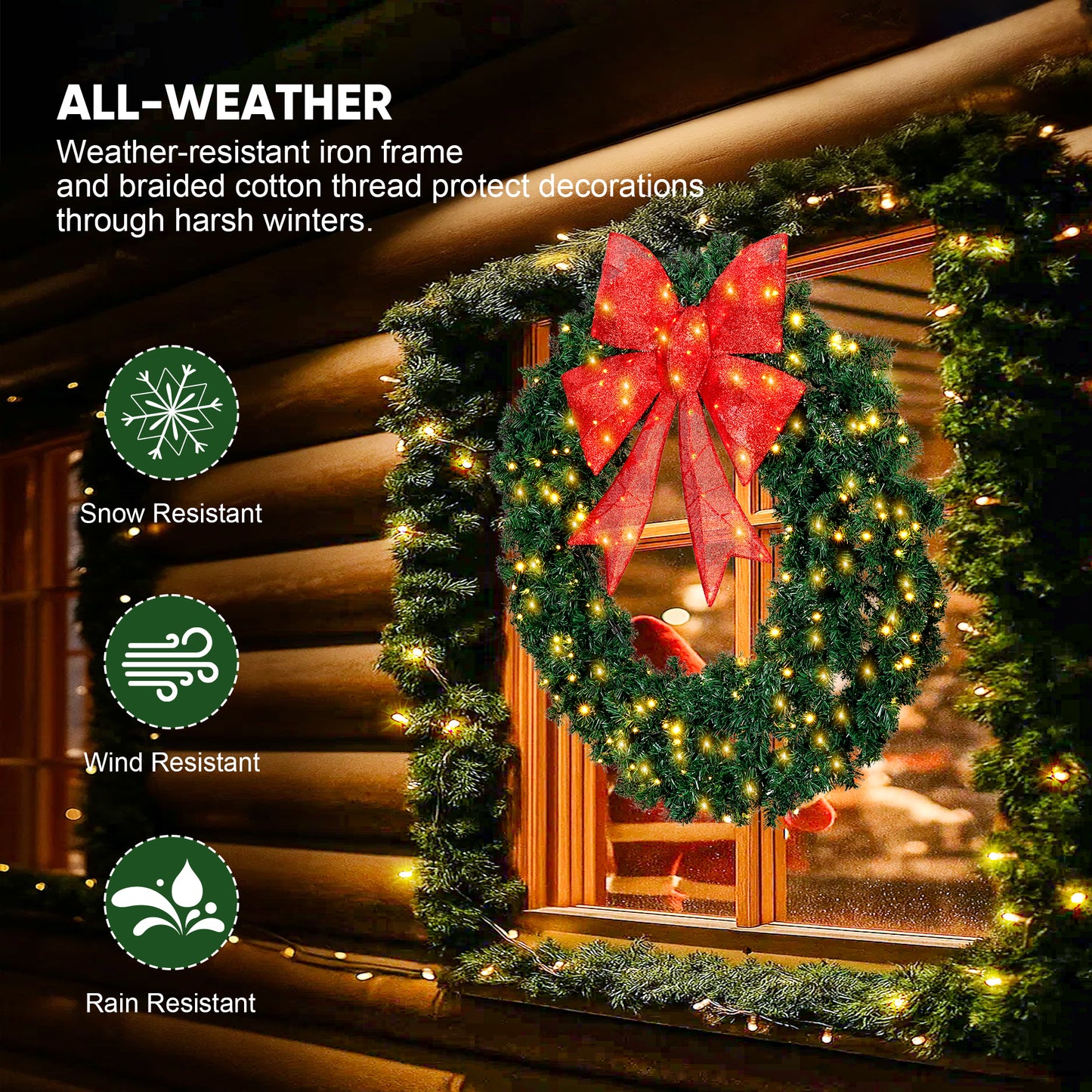 FOOWIN 48" Outdoor Christmas Wreath PVC with LED Lights