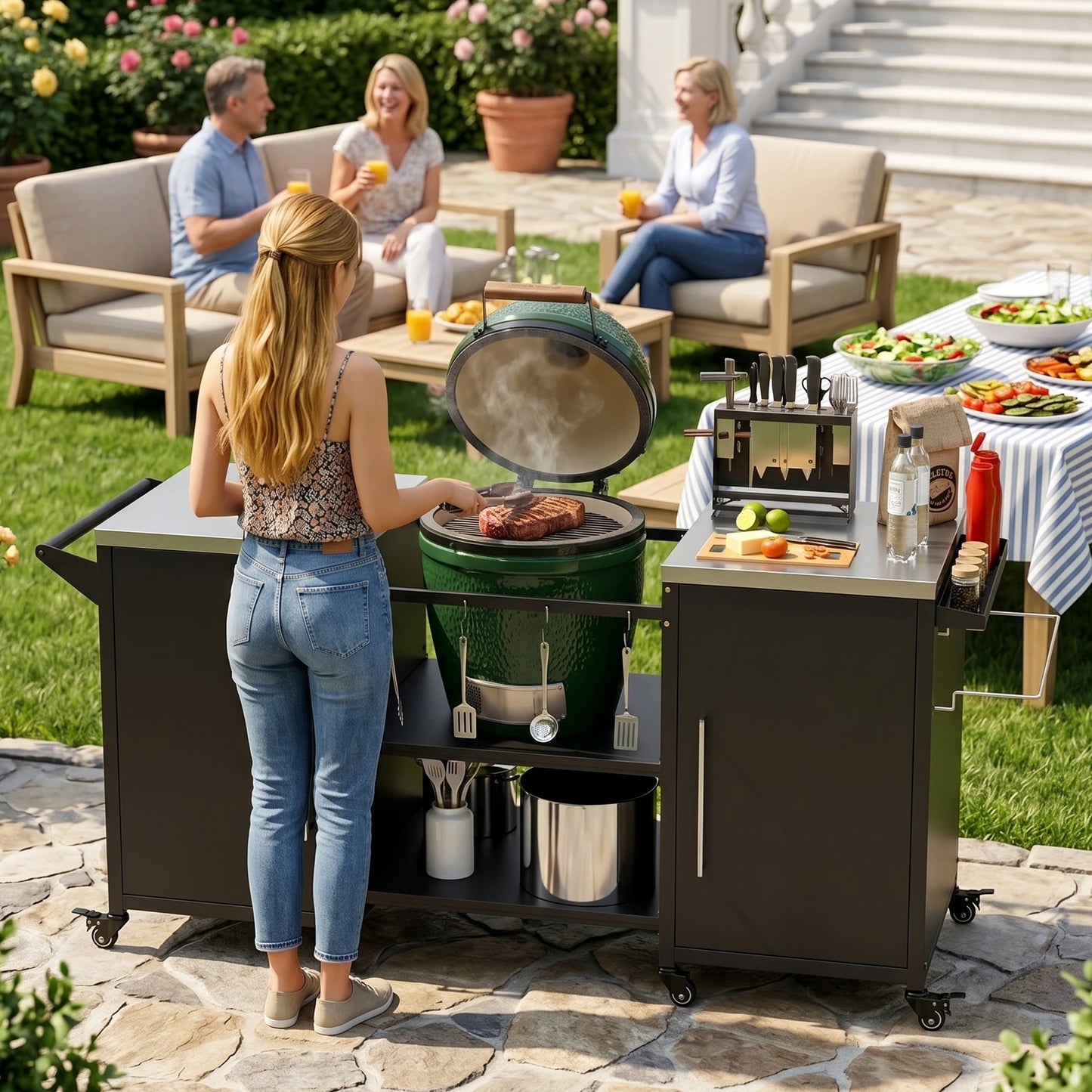 Outdoor Grill Table with Storage Cabinet
