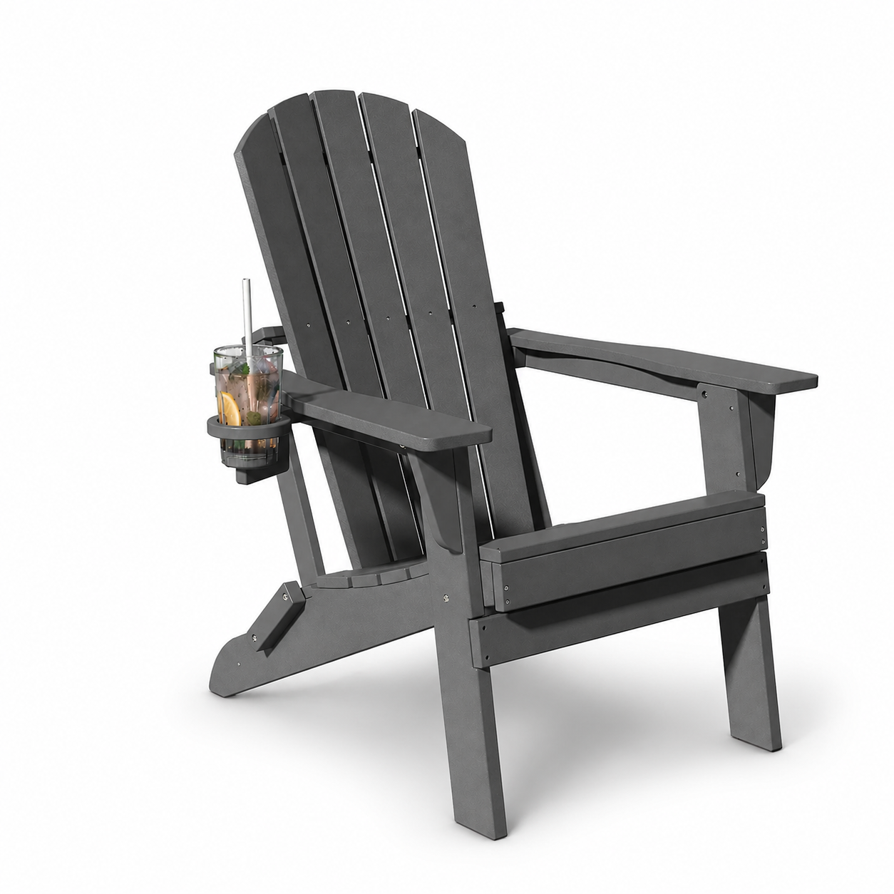 Gray Adirondack chair with cup holder on a white background