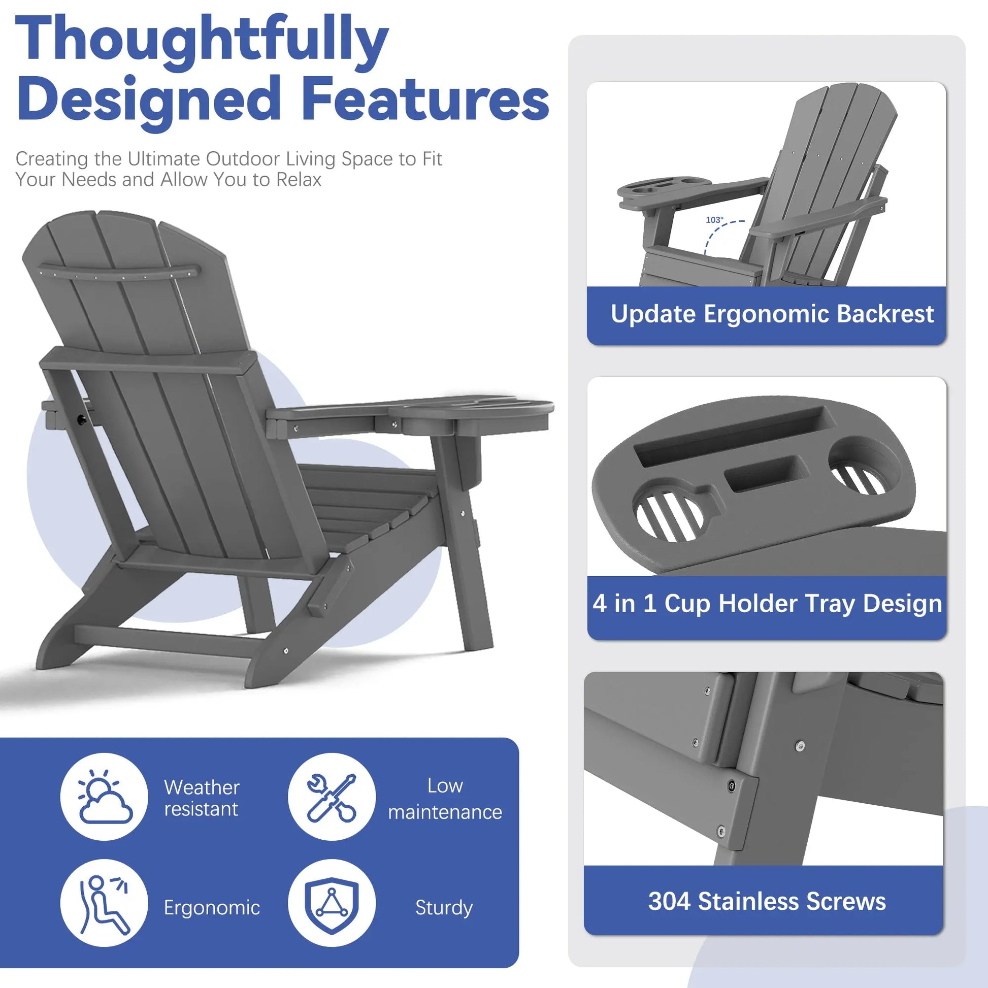 Classic Adirondack Chair with Adjustable Backrest Foowin