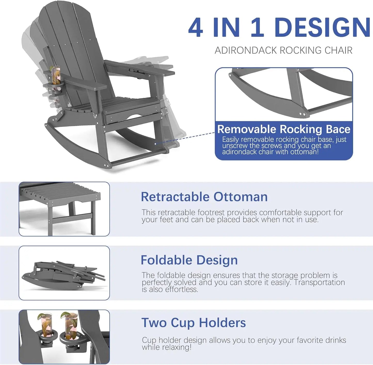 Classic Adirondack Rocking Chair with Ottoman Foowin