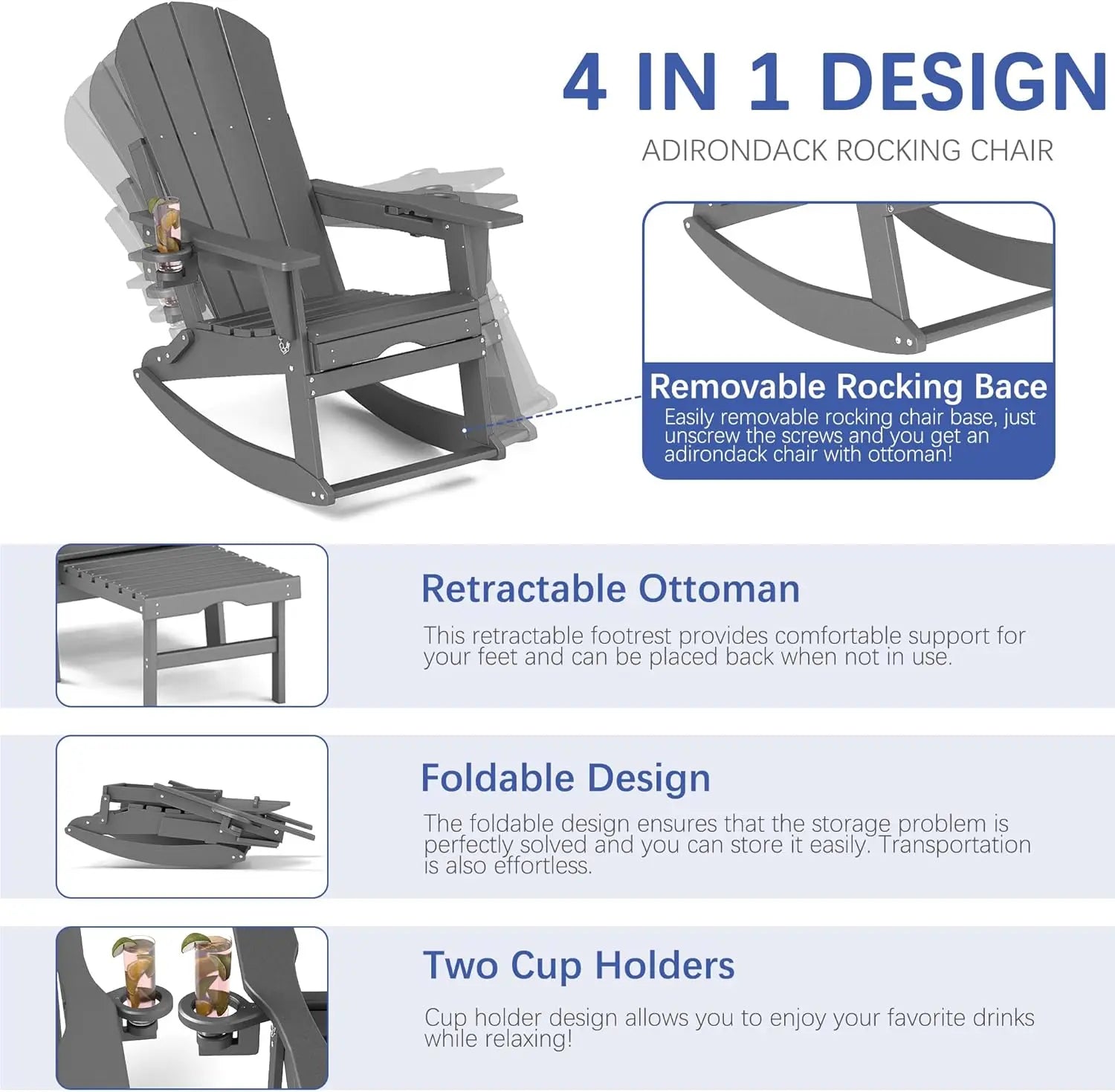Classic Adirondack Rocking Chair with Ottoman Foowin