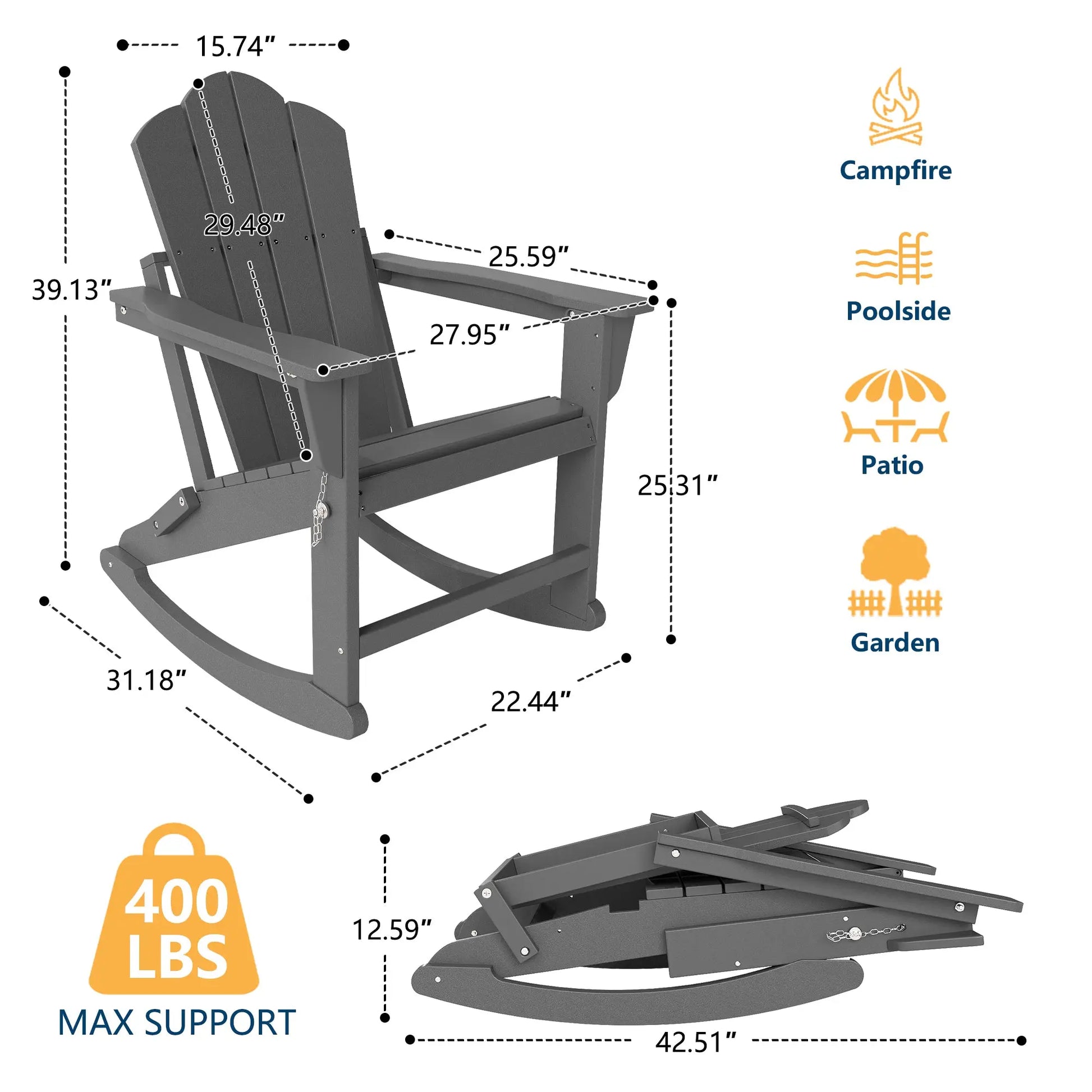 Patio Folding Adirondack Rocking Chair Foowin