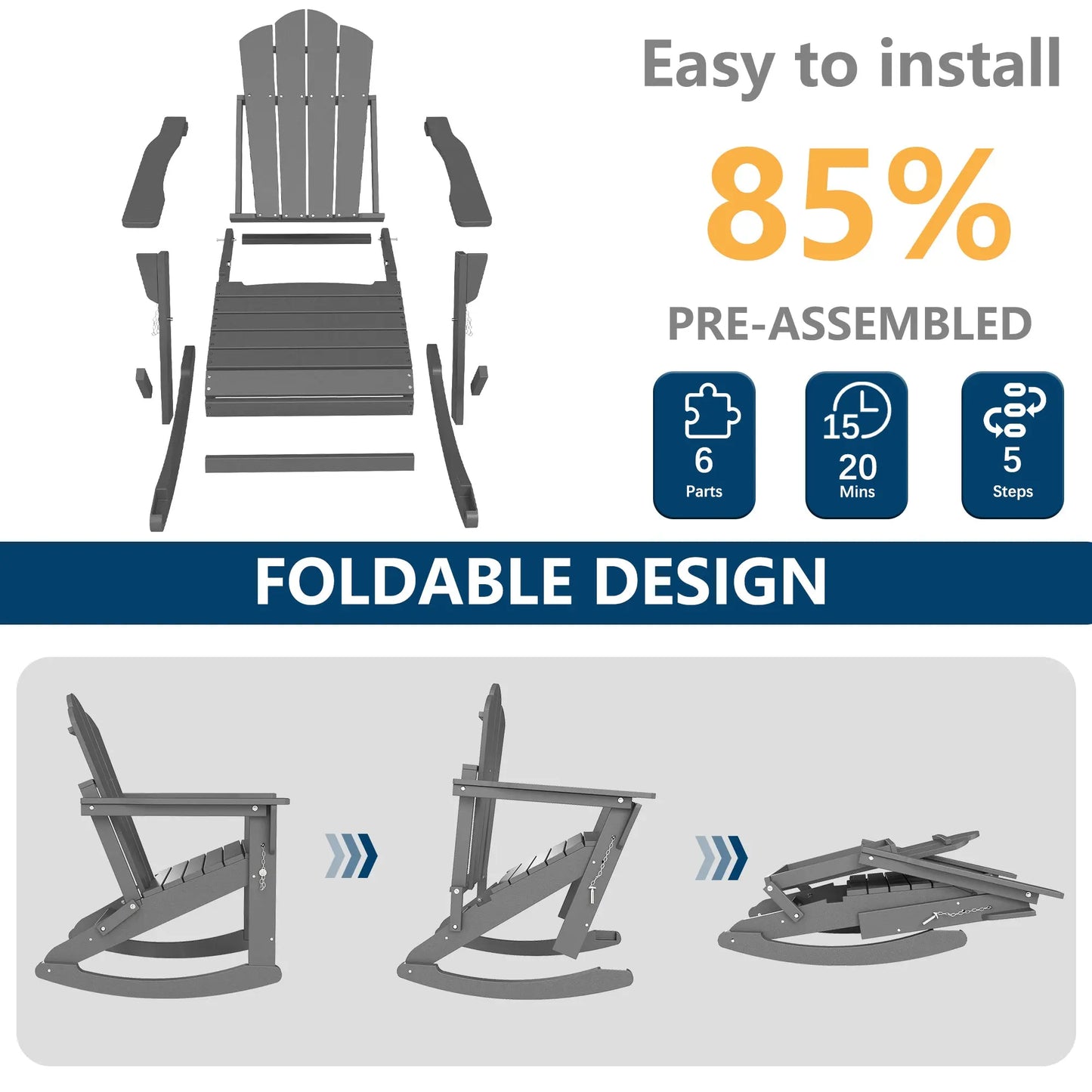 Patio Folding Adirondack Rocking Chair Foowin