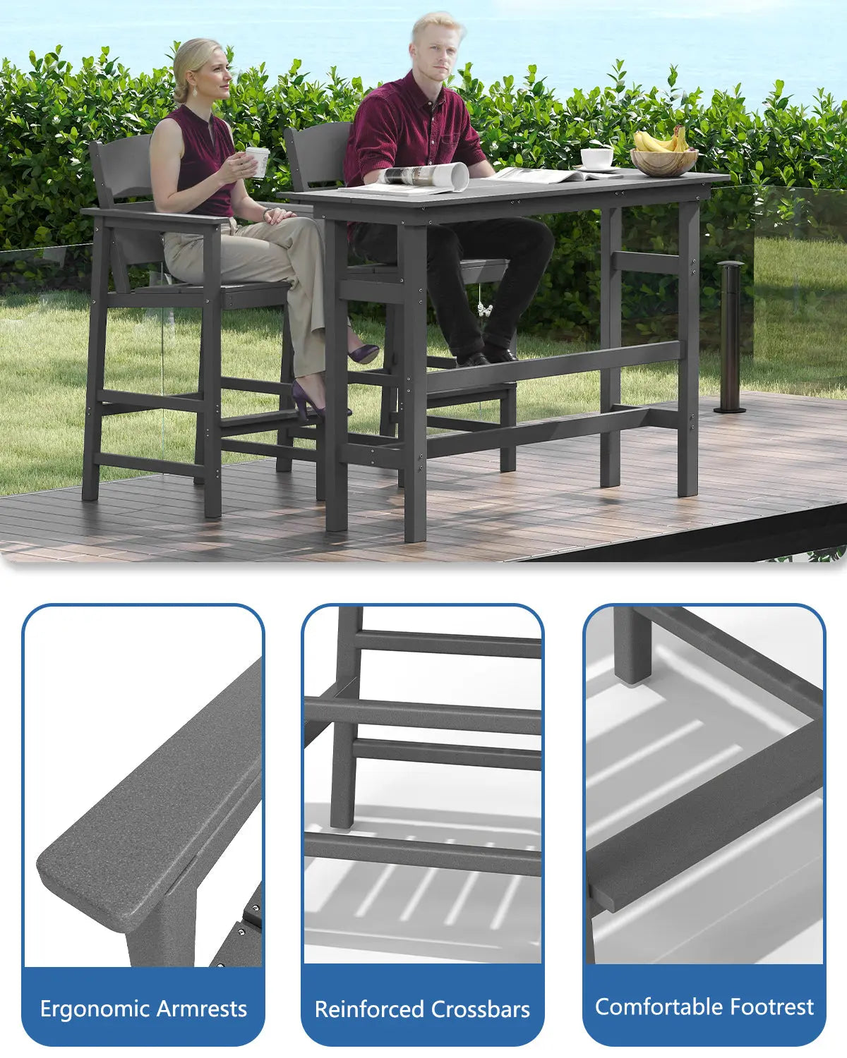 Square Patio Bar Stool HDPE Bar Armchair Set Foowin