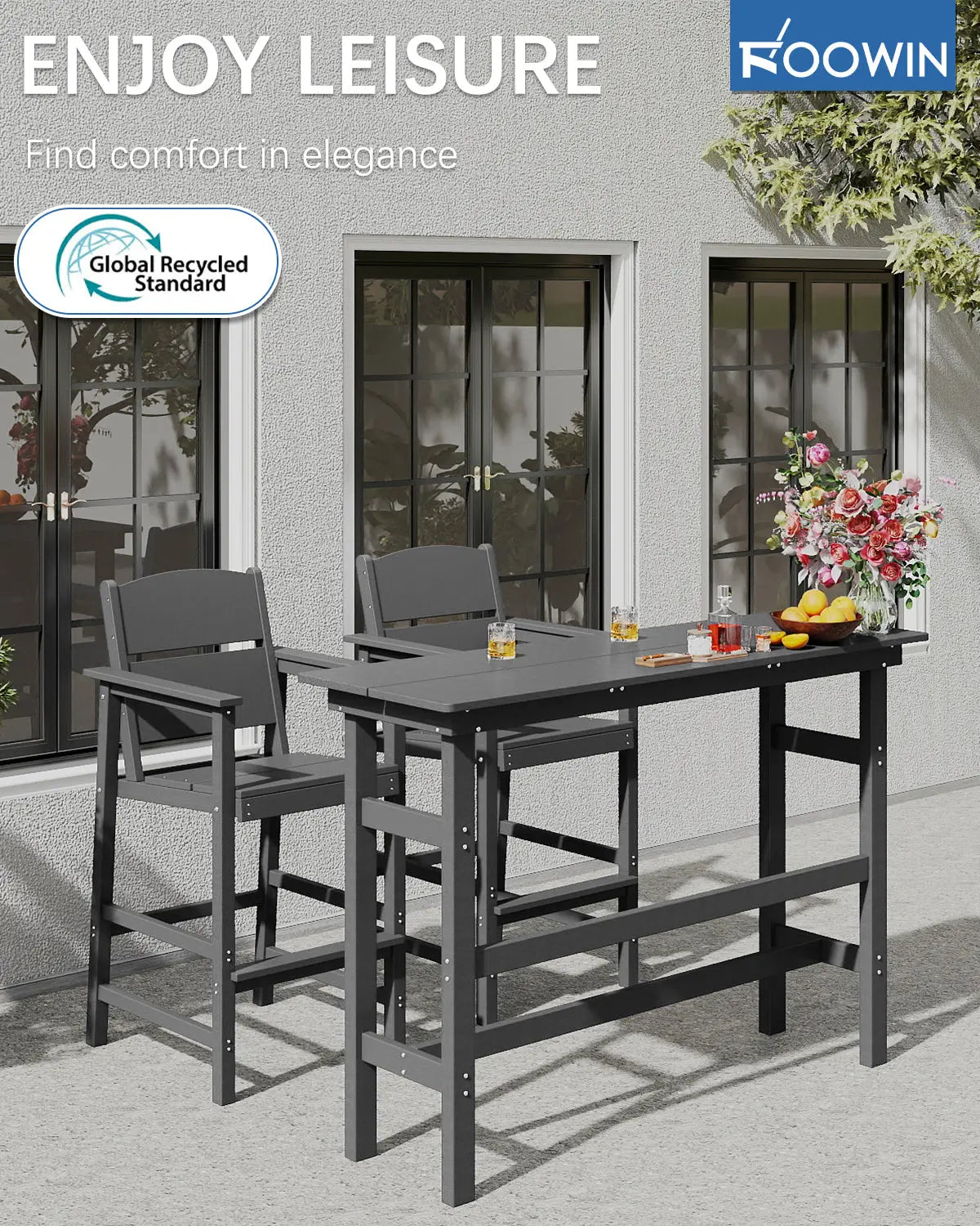 Square Patio Bar Stool HDPE Bar Armchair Set Foowin