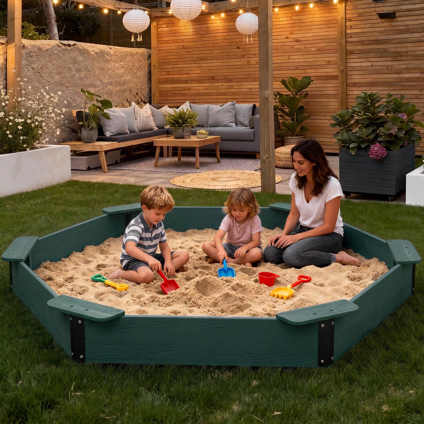 Large HDPE Sandbox with Cover & Liner - Dark Green - Photo 4